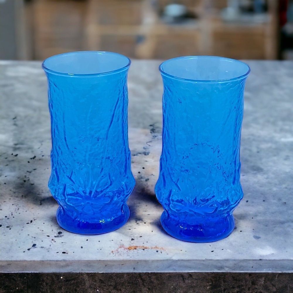 Vintage Anchor Hocking Blue Rain flower 12 oz Glass Tumblers 5 1/2" - Set Of 2